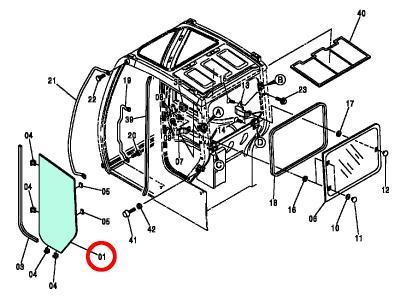 Левое заднее стекло кабины (за дверью) HITACHI ZX125, ZX135  иллюстрация из каталога