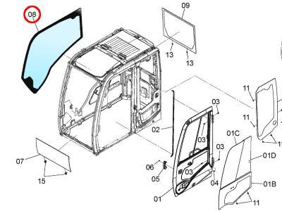 Правое боковое стекло кабины HITACHI ZX300, ZX330, ZX350  иллюстрация из каталога
